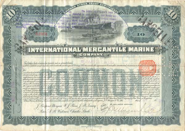 International Mercantile Marine - Co. that Made the Titanic - Shipping Stock Certificate